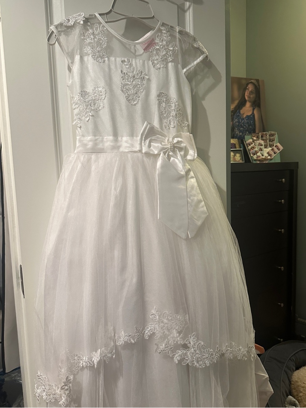 Girls White Lace Tulle Communion Dress with Bow